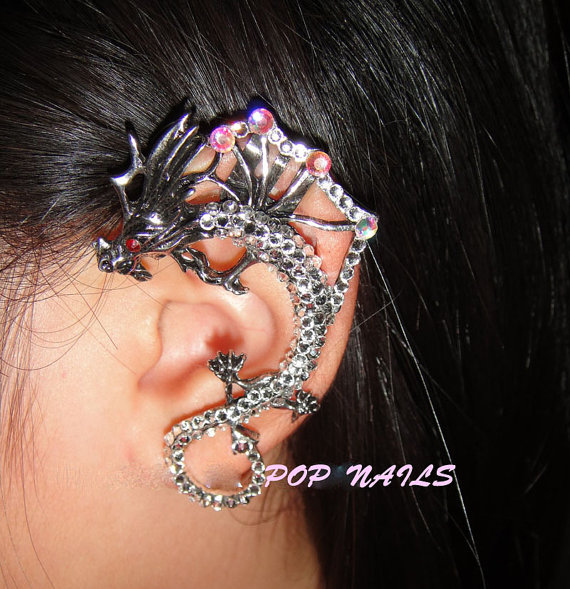 Non-Piercing Ear Cuff – Crown With Chain And Dragon Ball Dangle – Silver, Cubic Zirconia